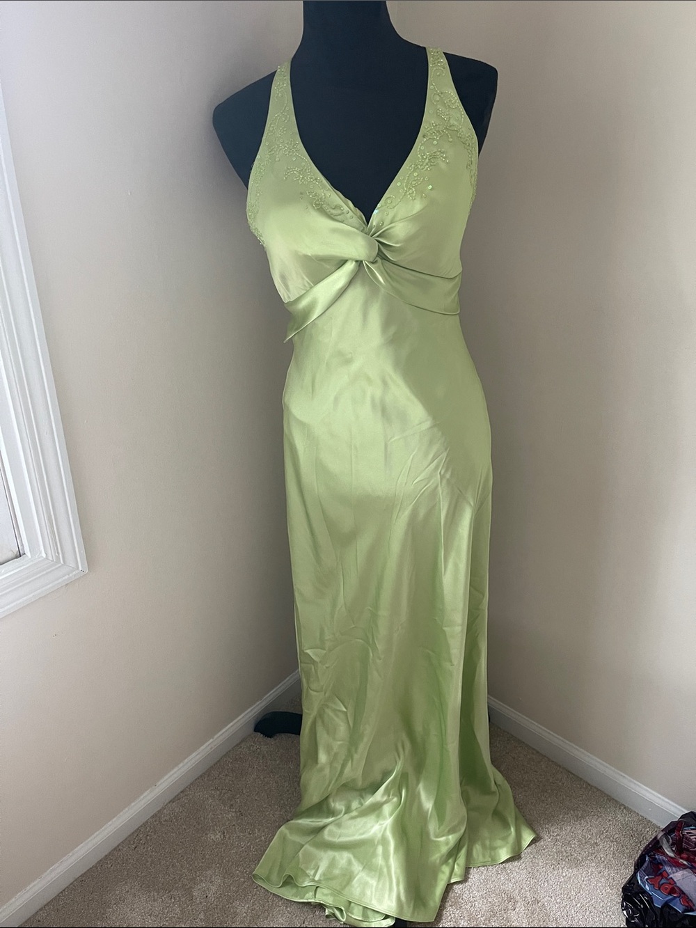 Satin Twist-Front Halter Dress in Green